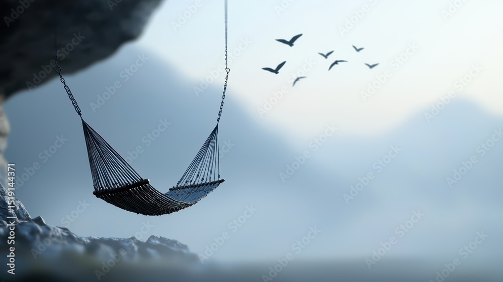 Poster relaxing hammock mountain concept. hammock swaying in a serene landscape with birds flying overhead.
