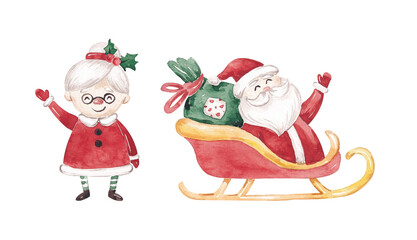 Santa Claus on a sleigh and Mrs Claus. Xmas characters hand drawn with watercolor. Cute Christmas illustartions. Design elements for creating greeting cards, posters, invitations