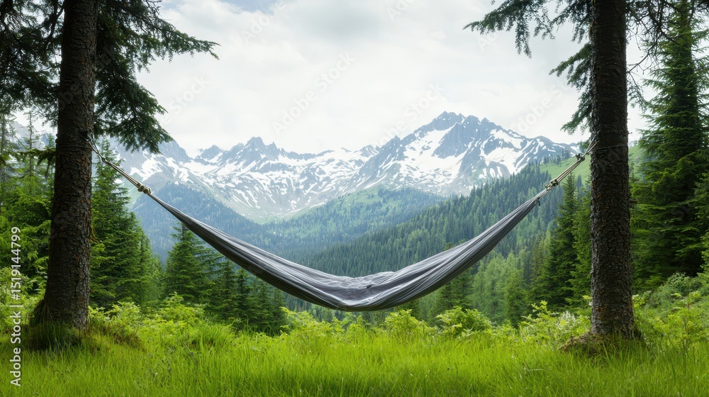 Poster relaxing hammock mountain concept. A serene hammock nestled between trees with a majestic mountain backdrop.