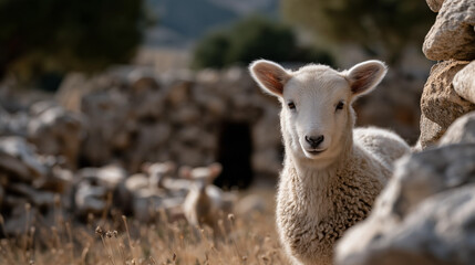 Obraz premium Islamic Rural Scene: Arabian Sheep Among Goats and Lambs in Stone-Walled Sheepfold at Sunrise, Eid al-Adha, Qurban, Arabian sheep, Islamic tradition, Middle Eastern rural, livestock, morning light,