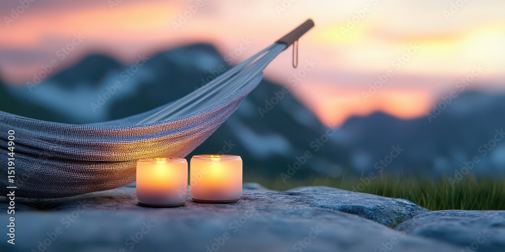 Poster relaxing hammock mountain concept. a tranquil hammock scene with candles set against a picturesque m