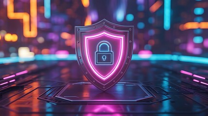 Digital security concept featuring illuminated shield and lock representing protection