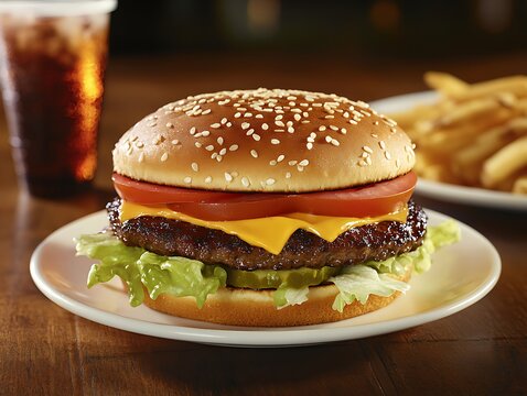 double cheeseburger hamburger with fries takeaway lunch fast junk food restaurant menu light background selective focus and copy space close up