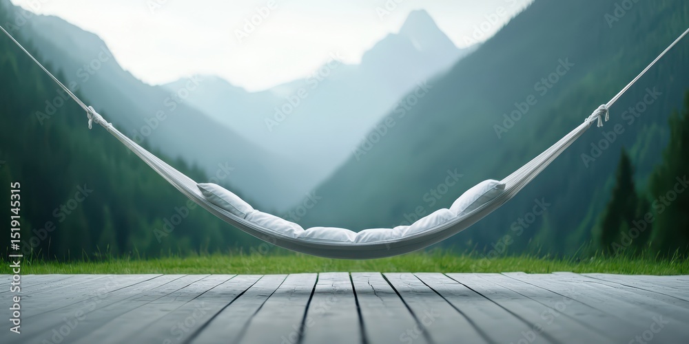 Poster relaxing hammock mountain concept. serene hammock resting in a tranquil mountain landscape with lush