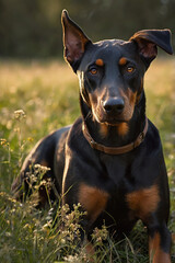 Alert Doberman Pinscher dog sitting in a grassy field during golden hour – focused expression, natural forest background, pet portrait in outdoor light