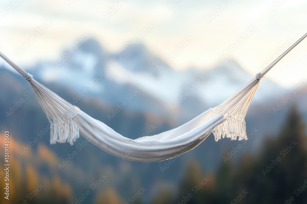 Poster relaxing hammock mountain concept. a tranquil hammock suspended in nature with mountains in the back