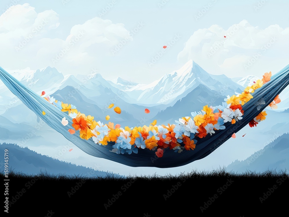 Poster relaxing hammock mountain concept. a hammock filled with flowers against a serene mountain backdrop 