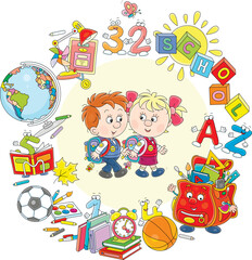 Obraz premium Happy little schoolboy and schoolgirl first graders surrounded by school supplies and funny characters, vector illustration on a white background