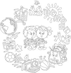 Happy little schoolboy and schoolgirl first graders surrounded by school supplies and funny characters, black and white vector cartoon illustration for a coloring book