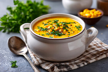 Tempting corn chowder glows softly in daylight, set in rustic corner on clean white background