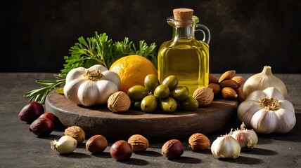 fruits, vegetables, nuts, olive oil and garlic.