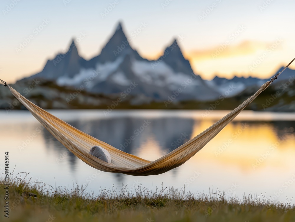 Aufkleber relaxing hammock mountain concept. a tranquil hammock overlooks a serene lake with majestic mountain