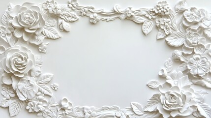 Ornate white floral frame with embossed roses and leaves on a light background