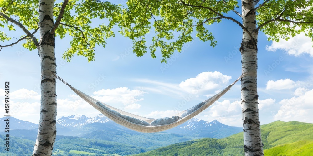 Poster relaxing hammock mountain concept. A tranquil hammock hangs between trees with mountains and blue sky in the background.