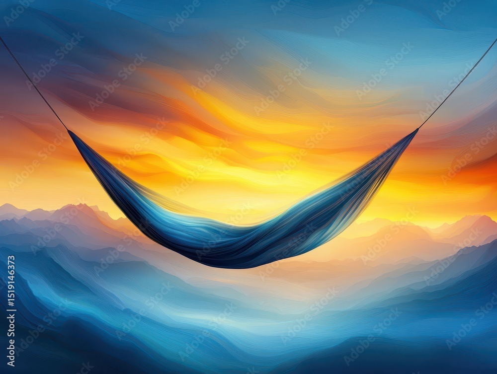 Poster relaxing hammock mountain concept. a serene hammock suspended against a colorful sunset backdrop in 