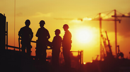 Silhouette of engineer and construction team working