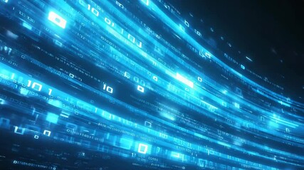 an abstract representation of digital data, featuring a dark background traversed by numerous glowing blue lines and streams. It shows motion, data flow, bandwidth, or a digital network. - Powered by Adobe