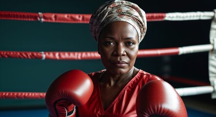 middle age African woman in boxing ring background sports concept uniform portrait model photoshoot