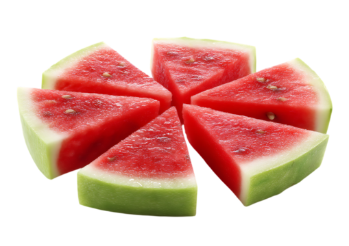 Six watermelon wedge slices arranged in a circle isolated on white or transparent png