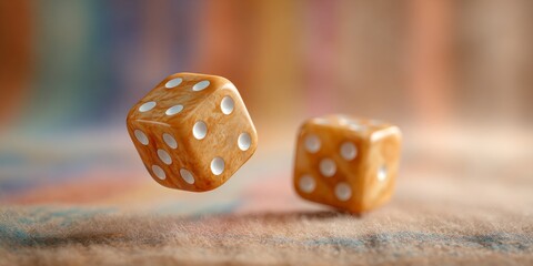 Aged dice tumble across a soft wool blanket, capturing a warm atmosphere filled with nostalgia
