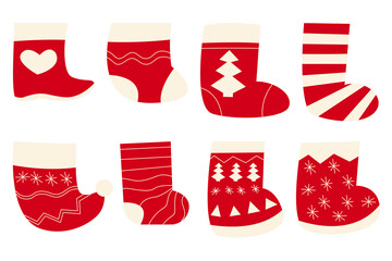 Hand drawn Christmas stocking illustration. Different Christmas socks for gifts on the fireplace. Christmas decorations. Vector illustration isolated on a white background.
