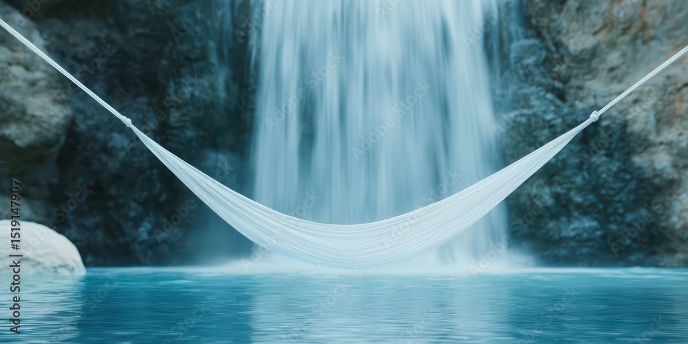 Poster relaxing hammock waterfall concept. hammock suspended near a tranquil waterfall over clear water.