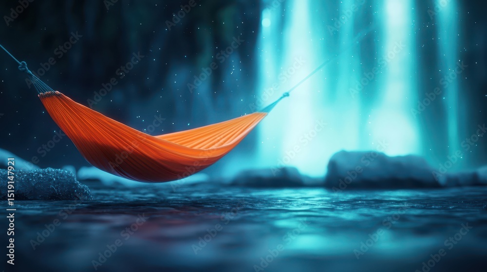Poster relaxing hammock waterfall concept. a serene hammock by a shimmering waterfall under a starry night 