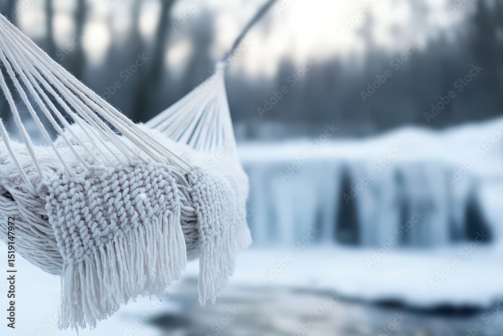 Poster relaxing hammock waterfall concept. cozy hammock by a snowy landscape near a waterfall, evoking tran