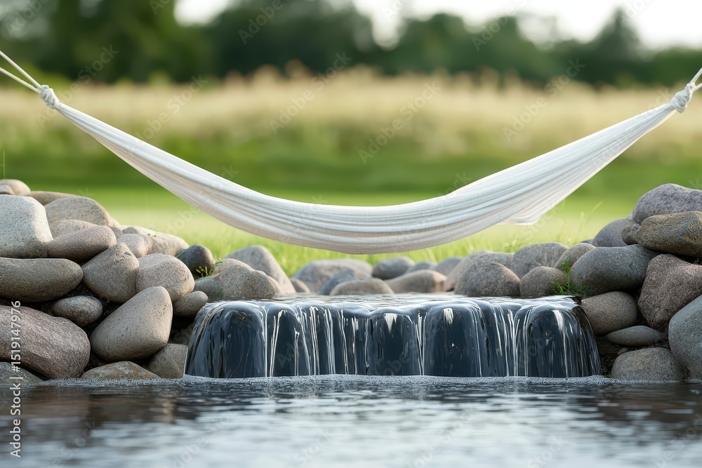 Poster relaxing hammock waterfall concept. a peaceful hammock near a water feature surrounded by stones and