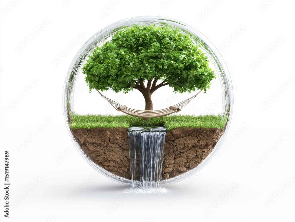 Poster relaxing hammock waterfall concept. a serene tree with a hammock and waterfall, symbolizing relaxati