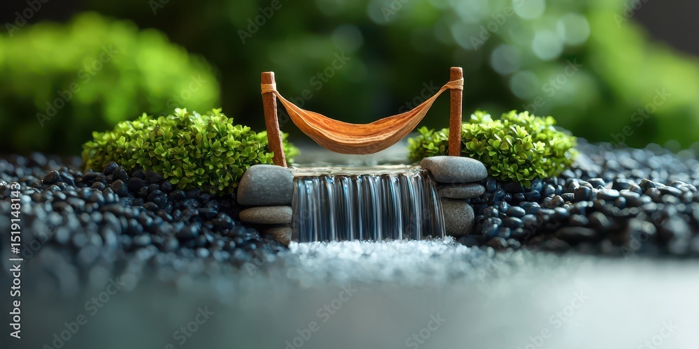 Poster relaxing hammock waterfall concept. Miniature hammock by a tranquil waterfall surrounded by greenery and pebbles.