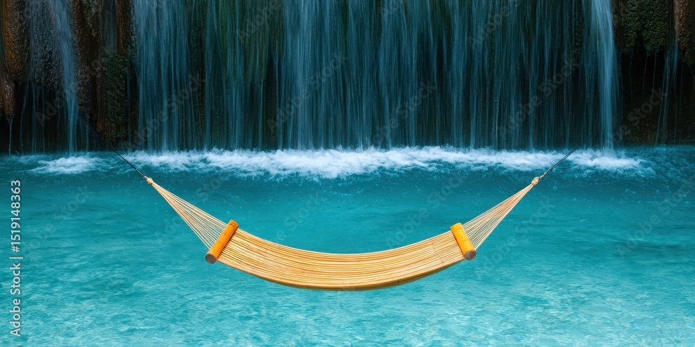 Poster relaxing hammock waterfall concept. a hammock suspended over tranquil turquoise water beneath a casc