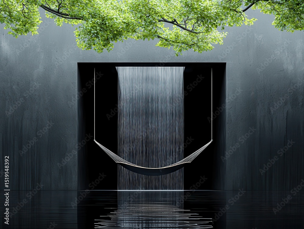 Poster relaxing hammock waterfall concept. A serene waterfall flows into a tranquil space featuring a hammock, surrounded by lush greenery.