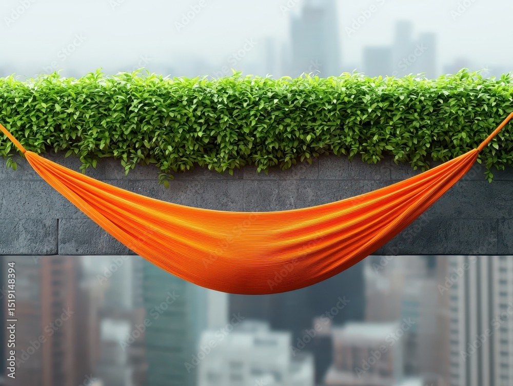 Poster relaxing hammock waterfall concept. cozy hammock suspended between greenery and a city skyline backd
