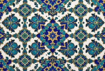 Elegant blue and green geometric pattern featuring floral motifs from an historic location
