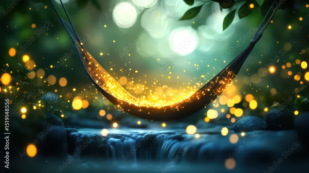Poster relaxing hammock waterfall concept. a serene hammock illuminated by glowing lights near a tranquil w