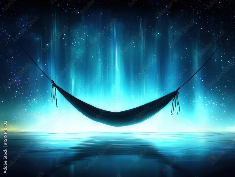 Poster relaxing hammock waterfall concept. a serene hammock suspended over tranquil waters under a starry, 