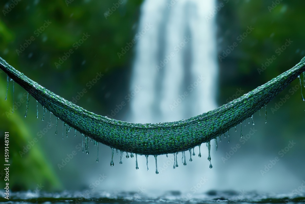 Poster relaxing hammock waterfall concept. a hammock hangs with water droplets near a lush waterfall backdr