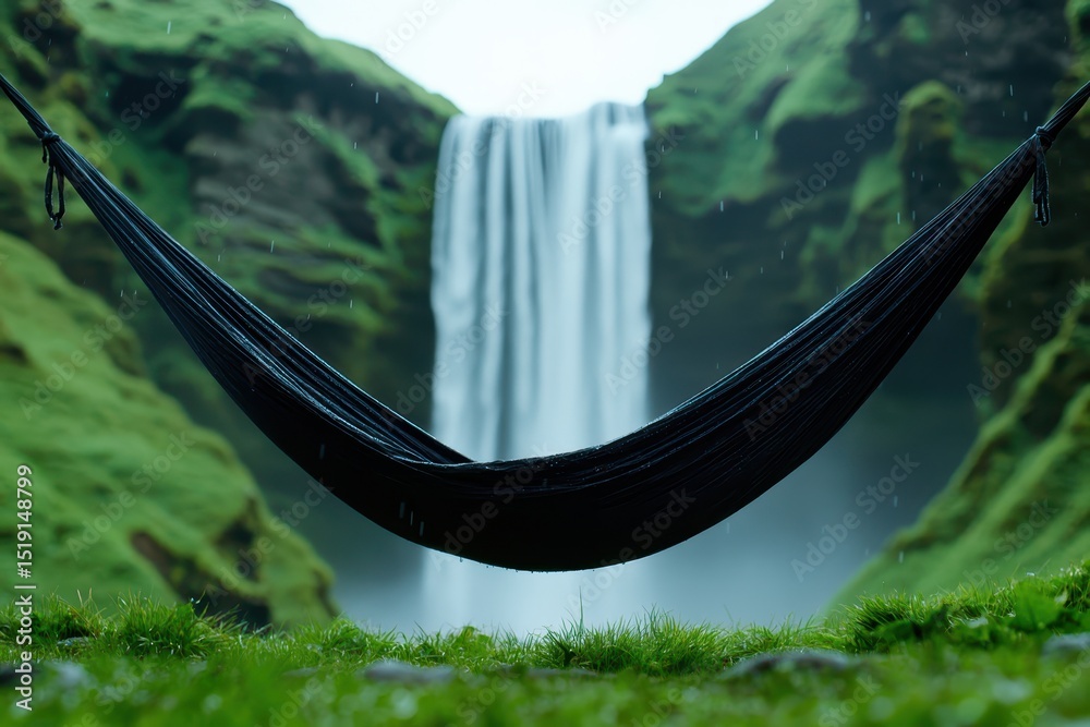 Poster relaxing hammock waterfall concept. a hammock sways peacefully in front of a stunning waterfall in a