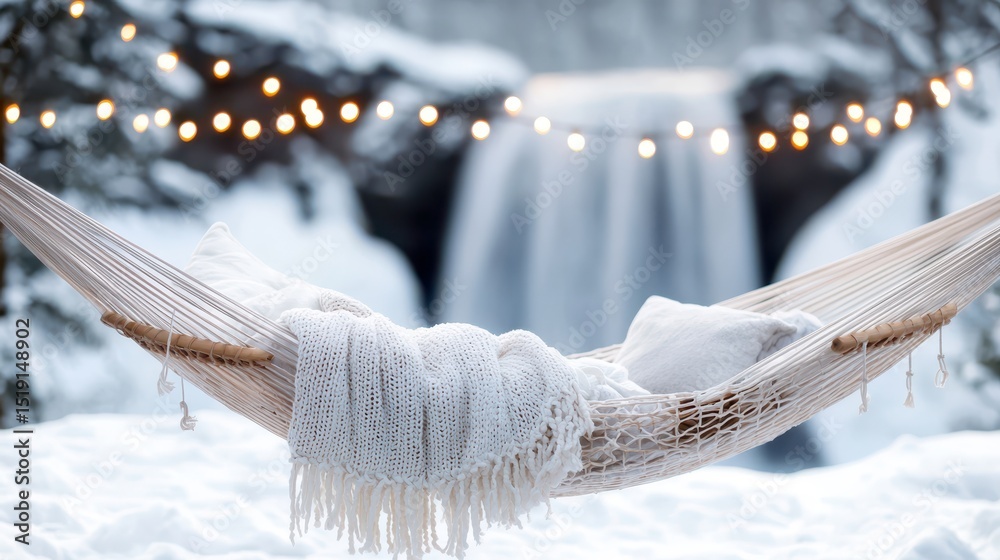 Poster relaxing hammock waterfall concept. Cozy hammock draped in snow with fairy lights and a waterfall in the background.