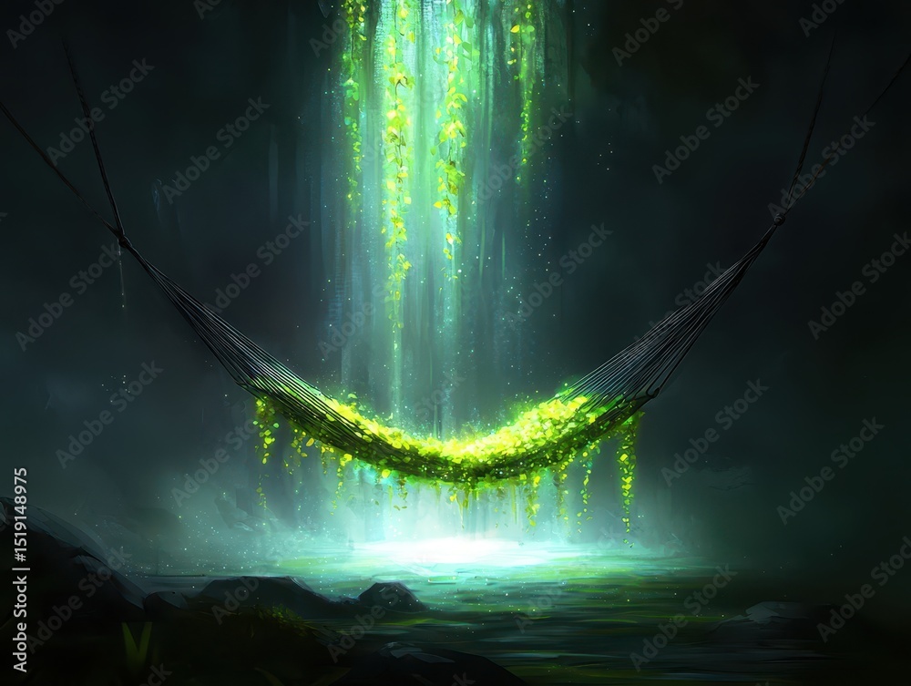 Poster relaxing hammock waterfall concept. serene hammock under a glowing waterfall in a tranquil, mystical