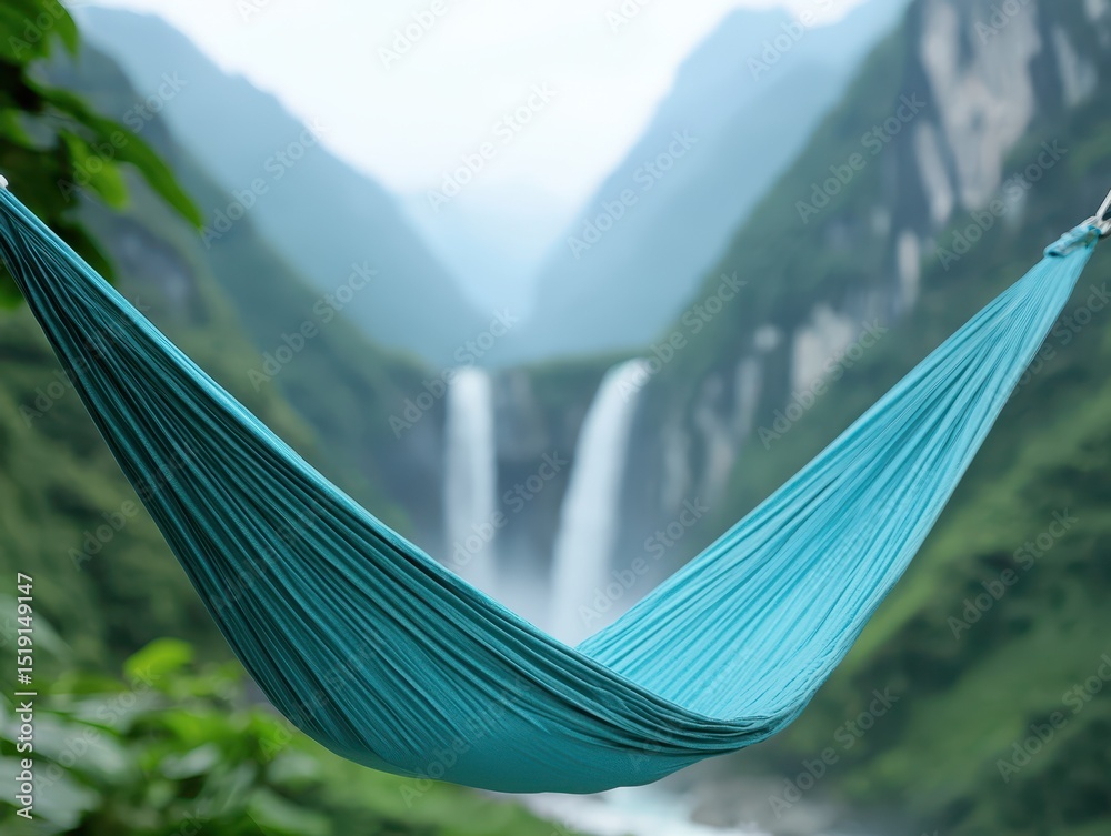 Poster relaxing hammock waterfall concept. A tranquil hammock suspended with a waterfall and mountains in the background.