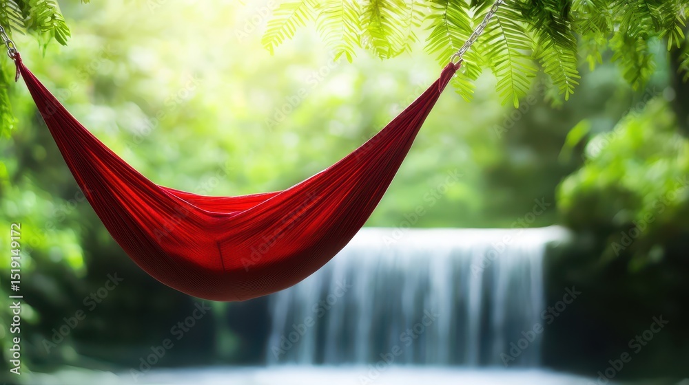 Poster relaxing hammock waterfall concept. a serene hammock hangs near a tranquil waterfall amidst lush gre