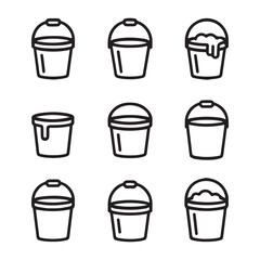 Bucket Icon Set for Cleaning.Various Empty and Filled Plastic Buckets Icons
