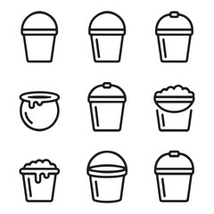 Bucket Icon Set for Cleaning.Various Empty and Filled Plastic Buckets Icons
