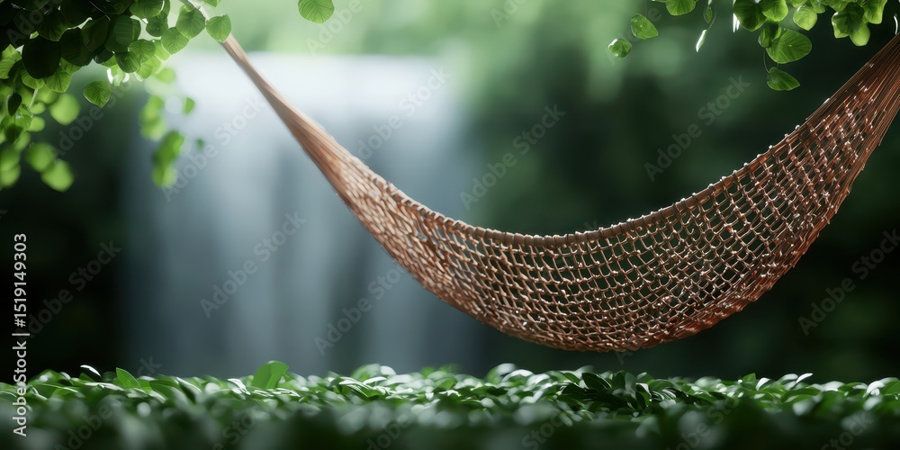 Poster relaxing hammock waterfall concept. a serene hammock surrounded by lush greenery and a peaceful atmo