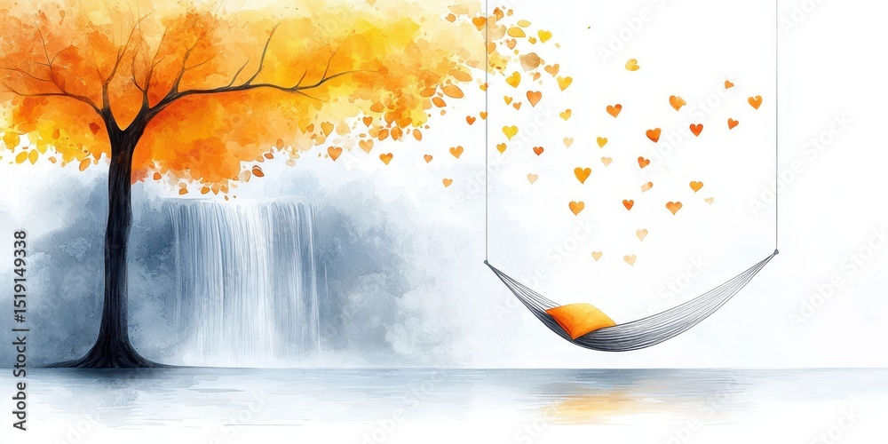 Poster relaxing hammock waterfall concept. a serene scene with a hammock, autumn tree, and floating hearts 