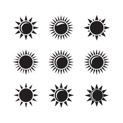 Set of Simple Black and White Sun Icons, a collection of nine simple, black silhouette sun icons.