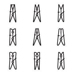Clothes Peg Icon Set Collection. Simple Black Line Art Clothespins
