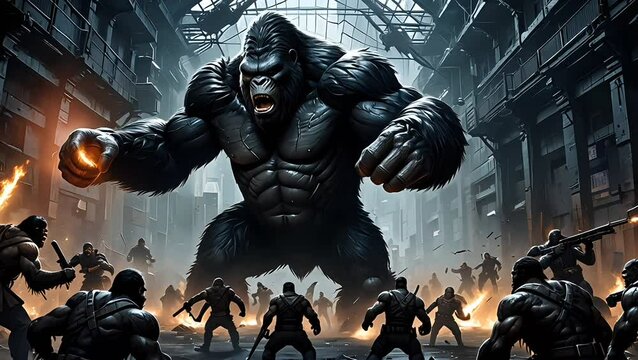 Giant Gorilla Confronts Armed Group in an Urban Battle Scene seamless motion video